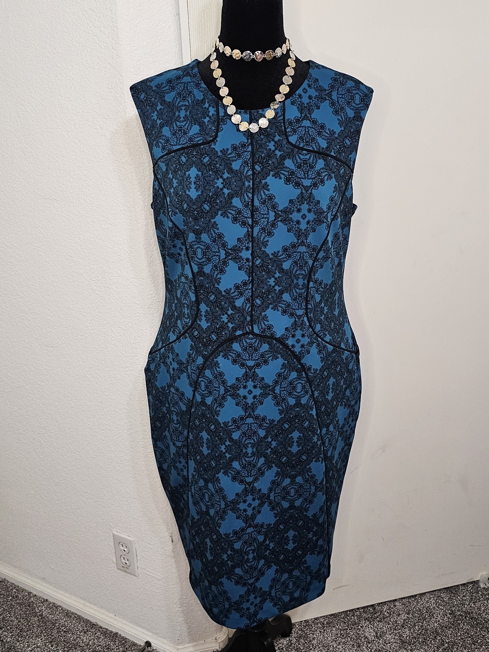 Worthington Teal Blue Sleeveless Lace Pattern Sheath Dress Sz XL